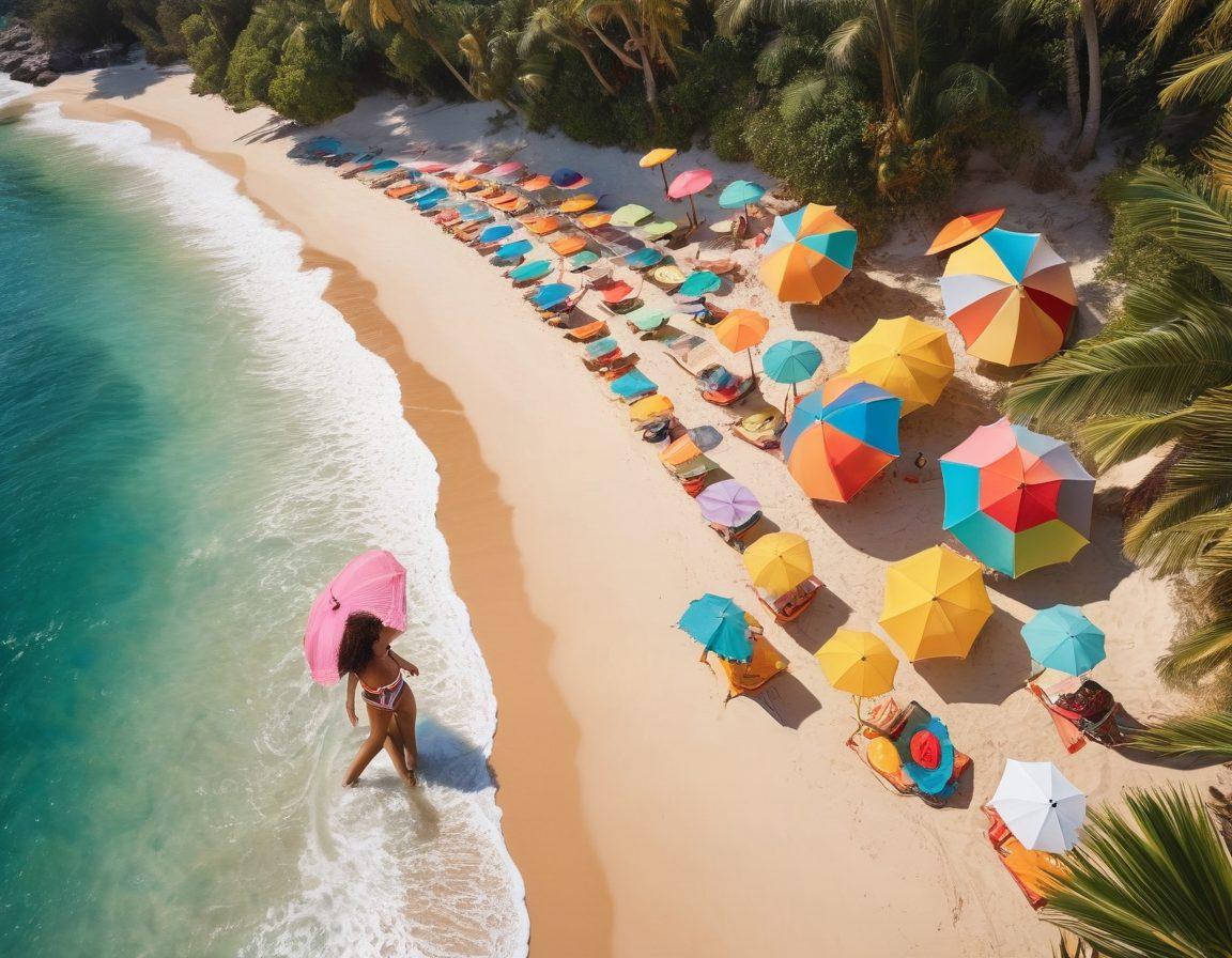 A vibrant beach scene showcasing an array of diverse swimwear styles, from classic one-pieces to trendy bikinis, modeled by women of different body types and ethnicities. Include colorful beach umbrellas, sun hats, and tropical palm trees in the background, with waves gently lapping at the shore. The sunlight should create a warm and inviting atmosphere. super-realistic. bright colors. summer vibes.